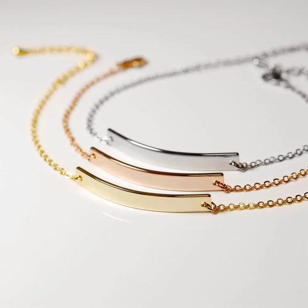 Minimalist Curved Bar Pendant Necklace in Tri-Color Gold, Silver, and Rose Gold